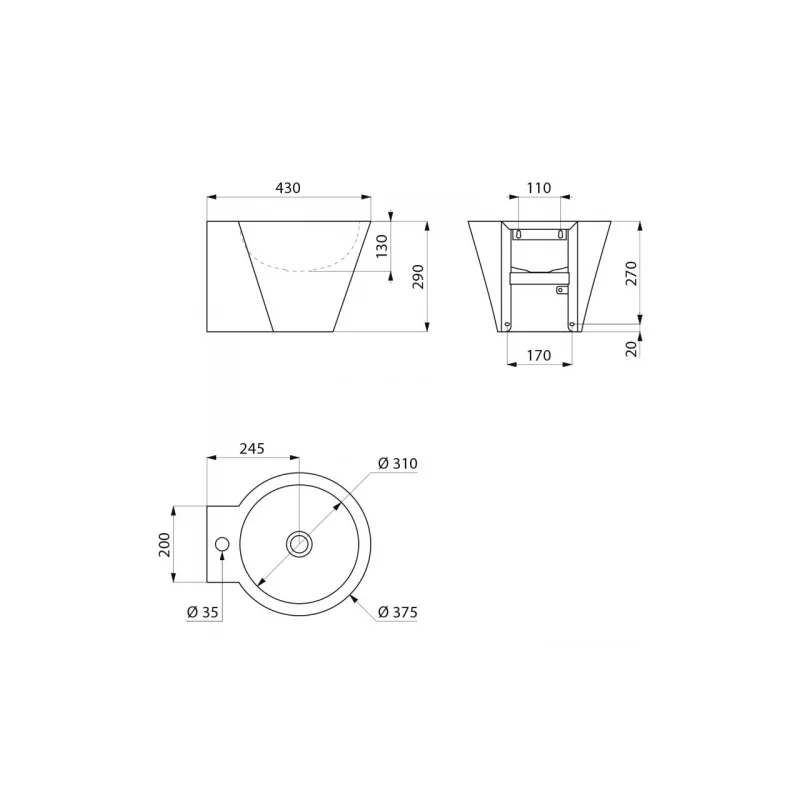 Lavabo suspendu en inox mini baila noir — vue 3