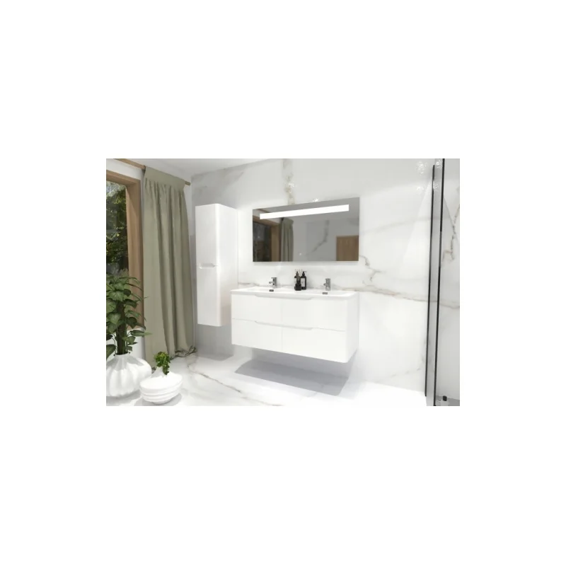 Meuble double vasque luna blanc brillant 120cm avec miroir kathy