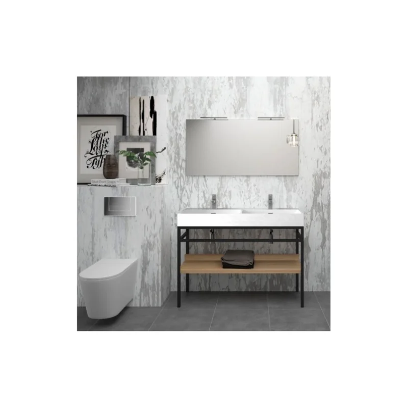 Meuble double-vasque steel 120 cm - acier noir + hêtre lamina naturel