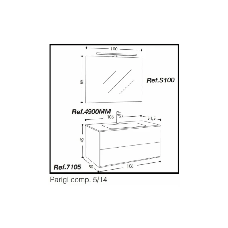Meuble simple vasque parigi 106 cm - tranche grigio - compo 5 — vue 5