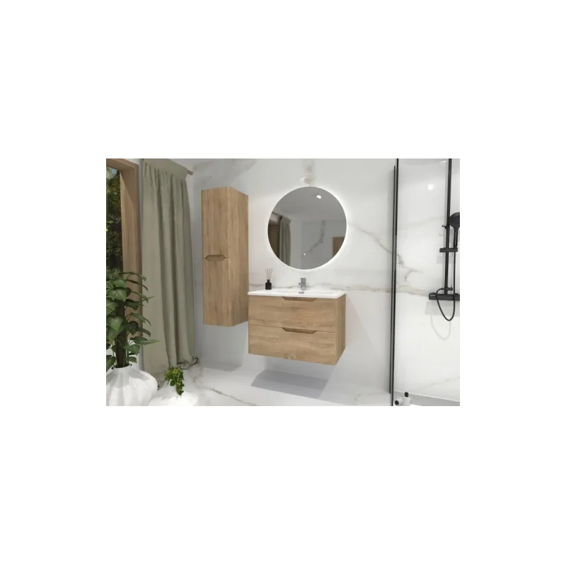Meuble vasque luna bois clair 80cm avec miroir rond