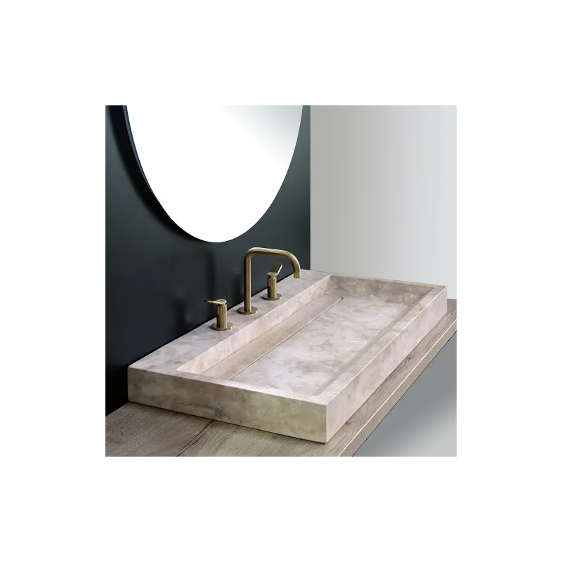 Vasque en pierre sablé rectangulaire à poser - 3 trous de robinetterie